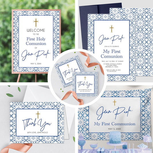 Elegant Blue Tile First Communion Invitation Set