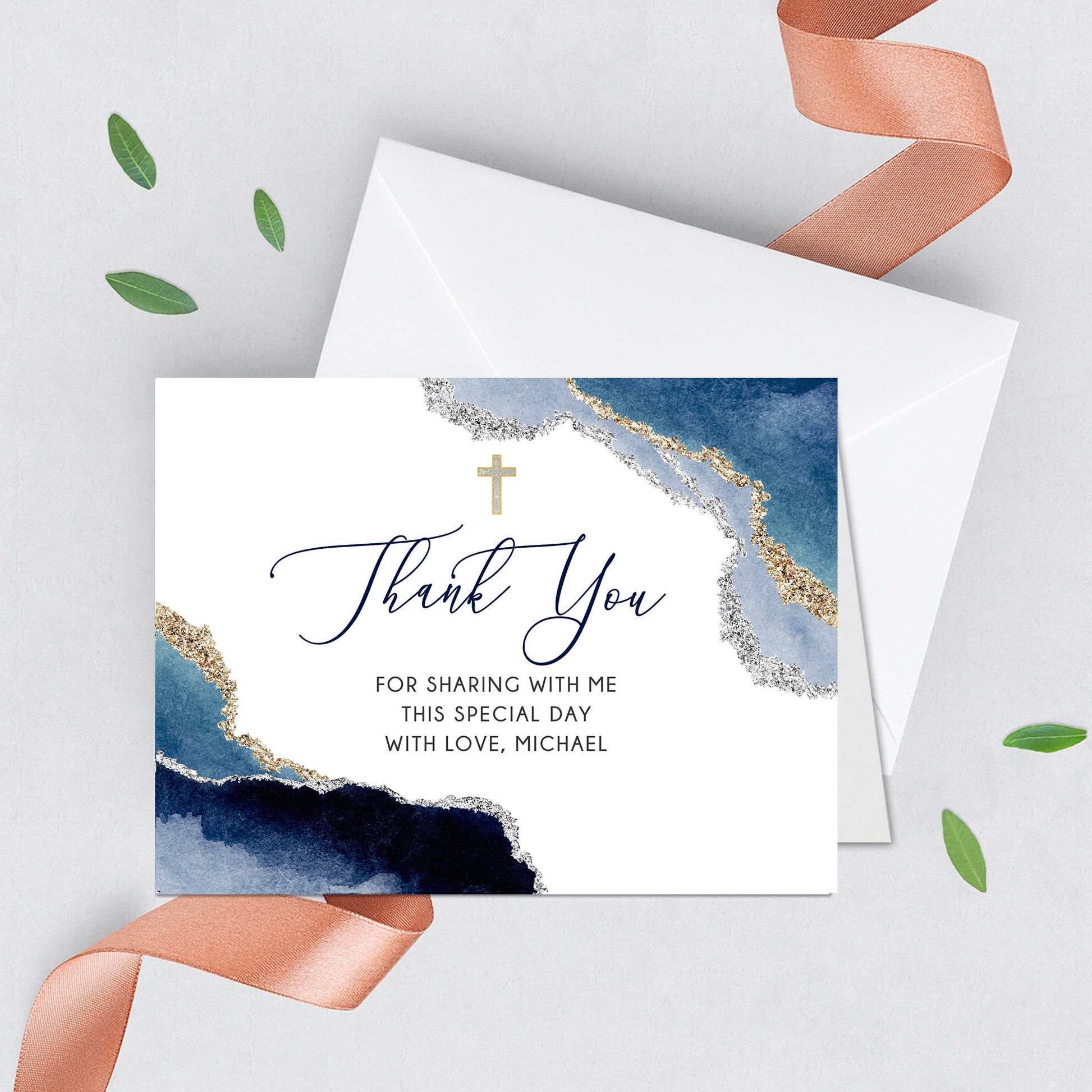 Elegant Geode First Communion Invitation Set, Navy and Gold Event Paper