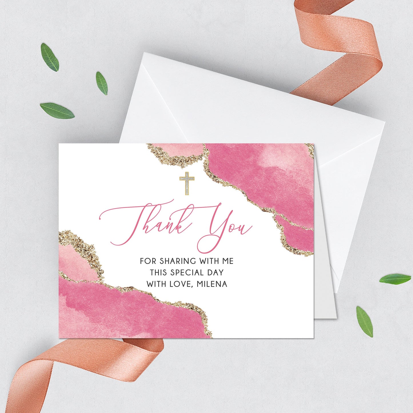 Pink Geode First Communion Invitation Set, Elegant Religious Event Paper