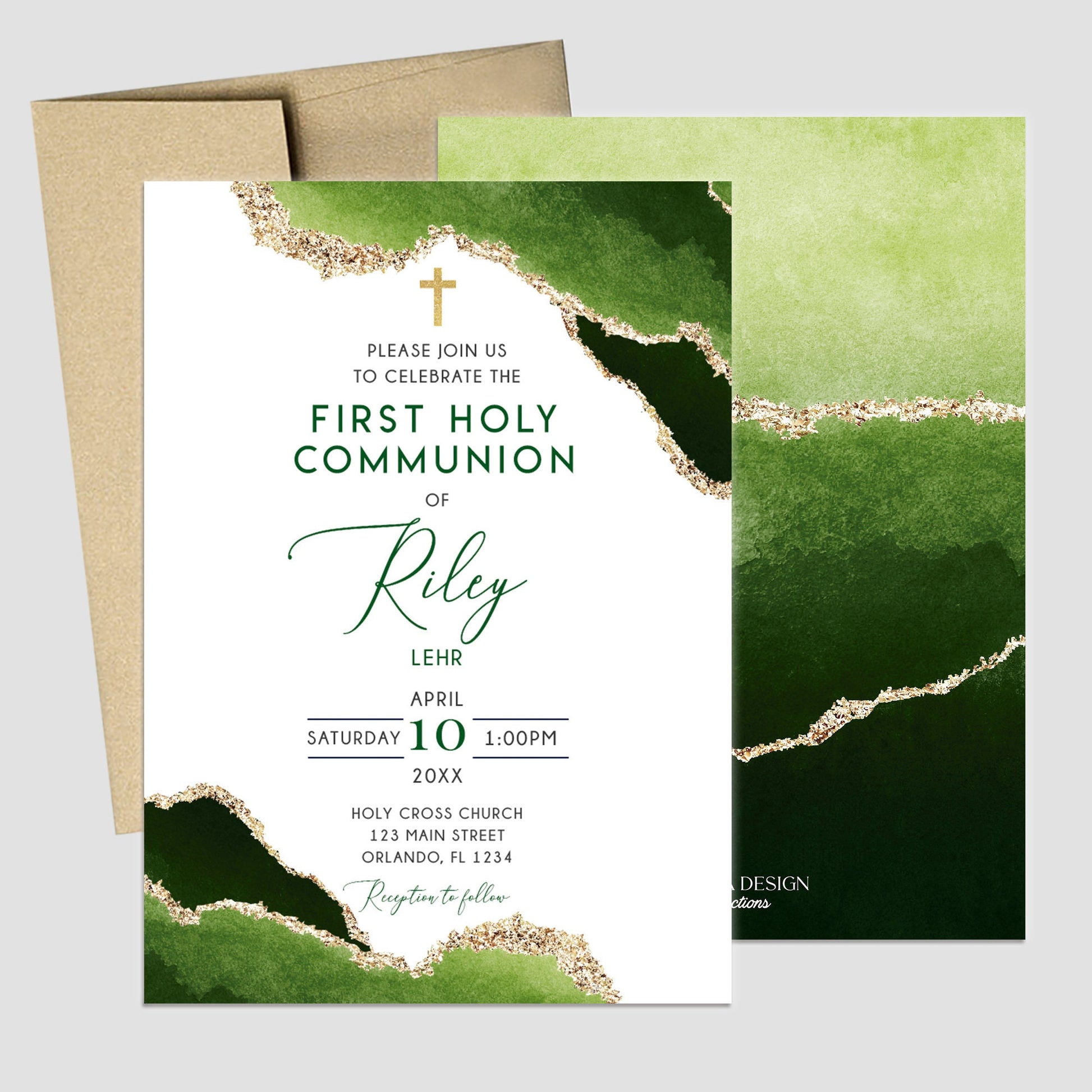 Elegant Geode First Communion Invitation Set, Green and Gold