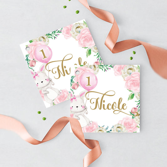 Personalized Bunny Birthday Favor Tags, Floral Easter Theme, Printed
