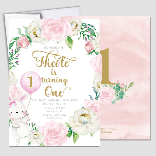 Bunny 1st Birthday Invitation, Floral Cards, Pink and Greenery