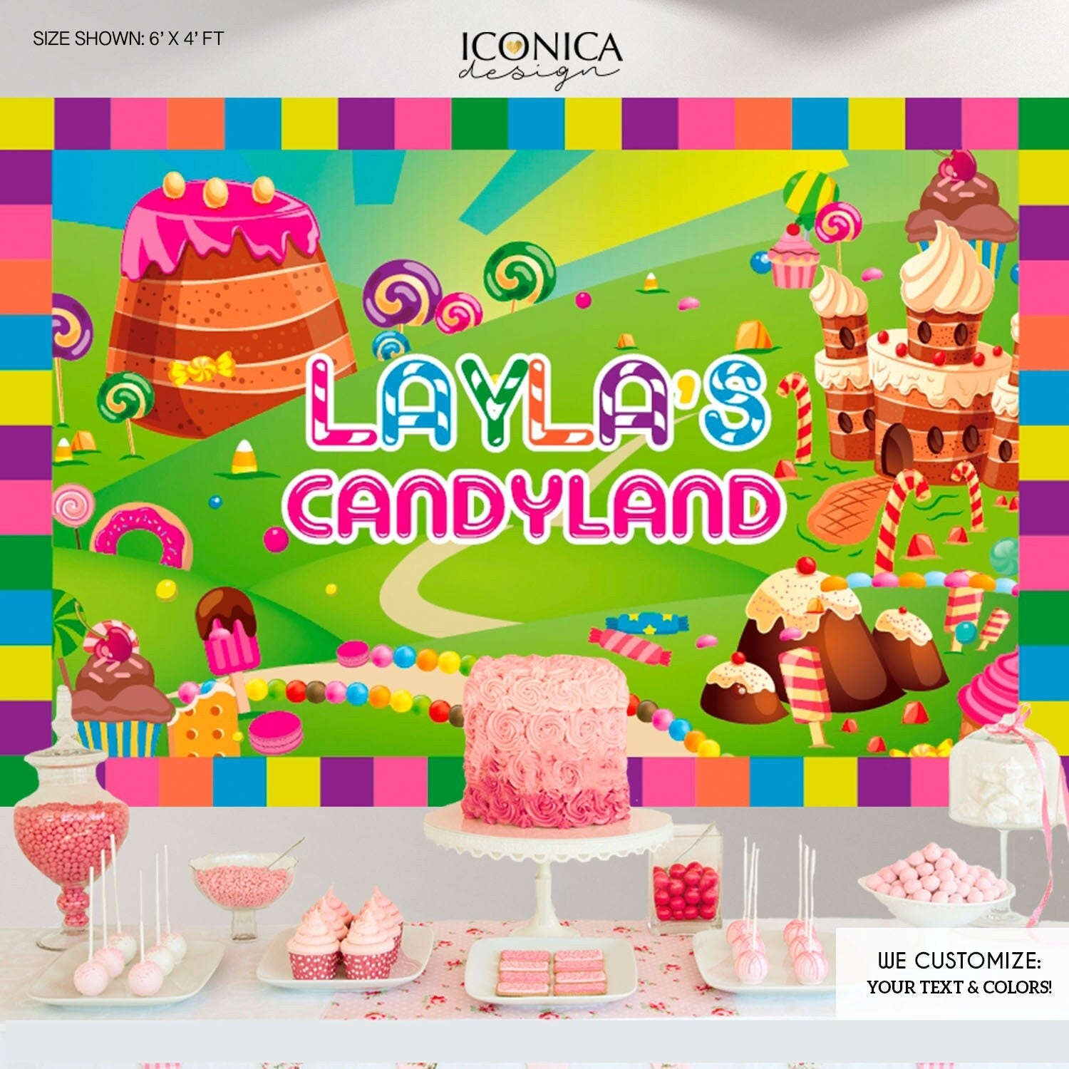 Personalized Candyland Birthday Backdrop, Candyshop Party Banner