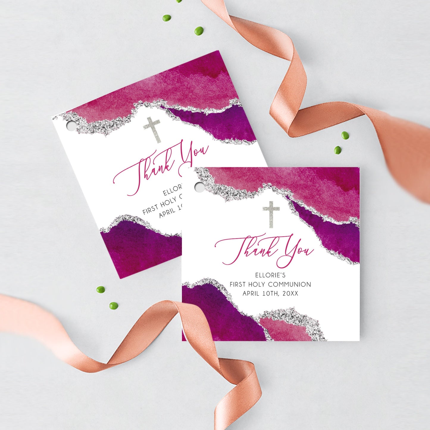 Elegant Geode First Communion Invitation Set, Hot Pink Event Paper