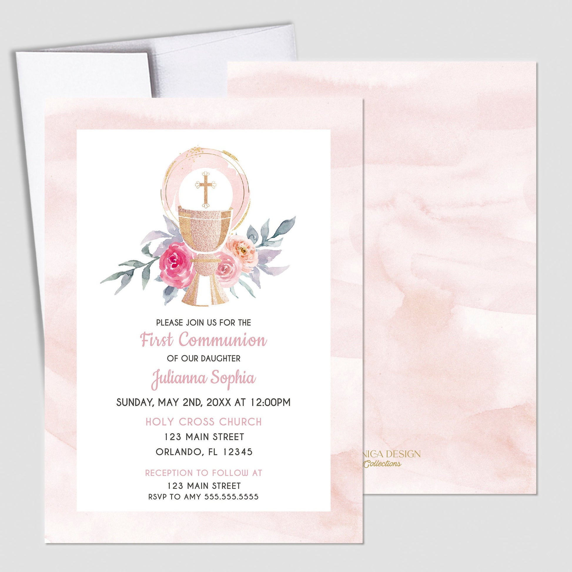 Girl's First Communion Invitation Set, Pink Gold Watercolor Floral Design