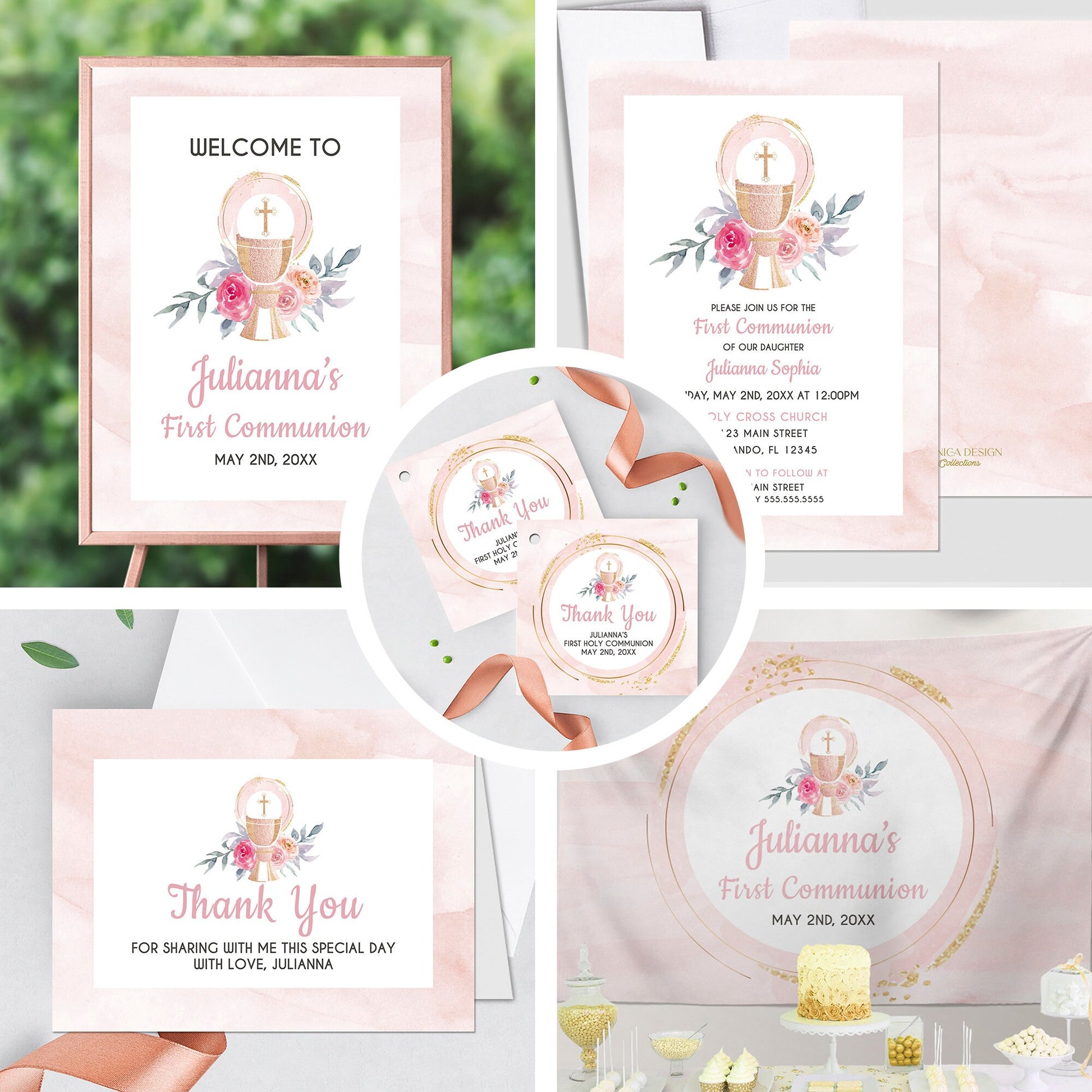 Girl's First Communion Invitation Set, Pink Gold Watercolor Floral Design