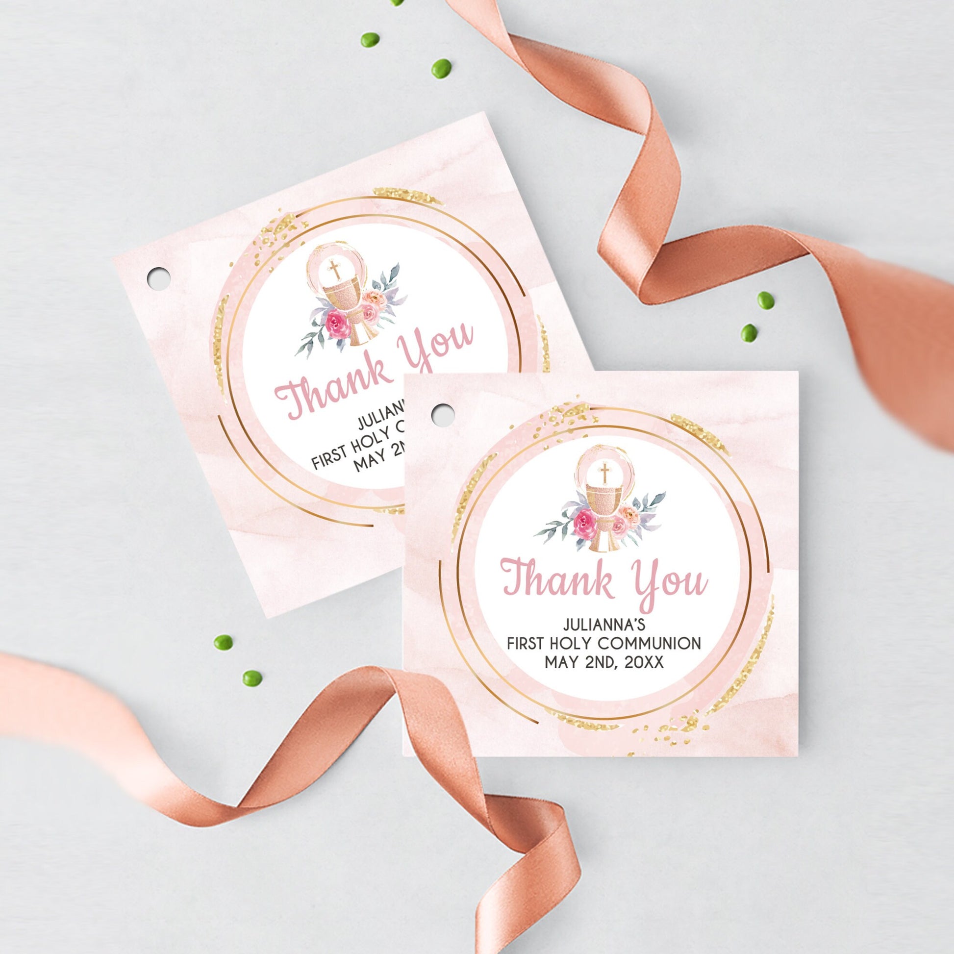 Girl's First Communion Invitation Set, Pink Gold Watercolor Floral Design