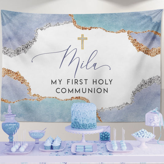 Geode First Communion Backdrop, Lilac Aqua, Personalized Banner