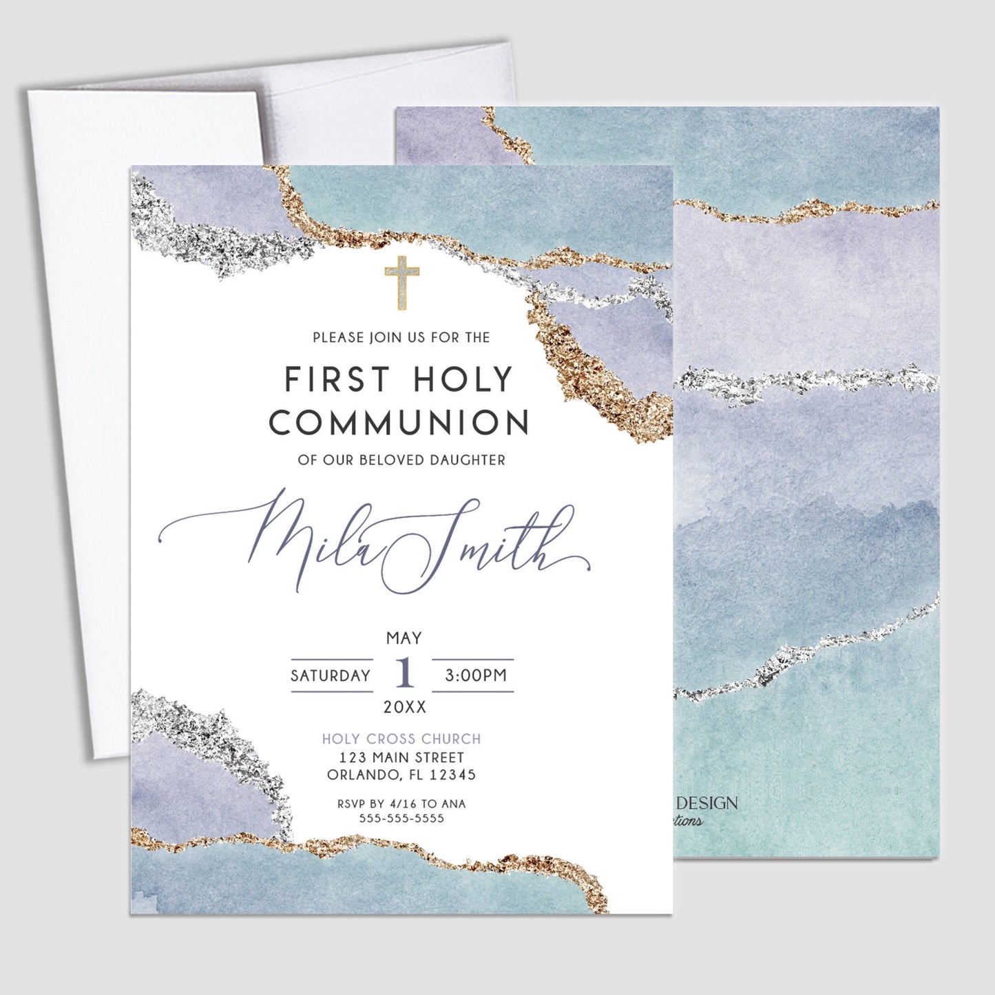 Geode First Communion Backdrop, Lilac Aqua, Personalized Banner