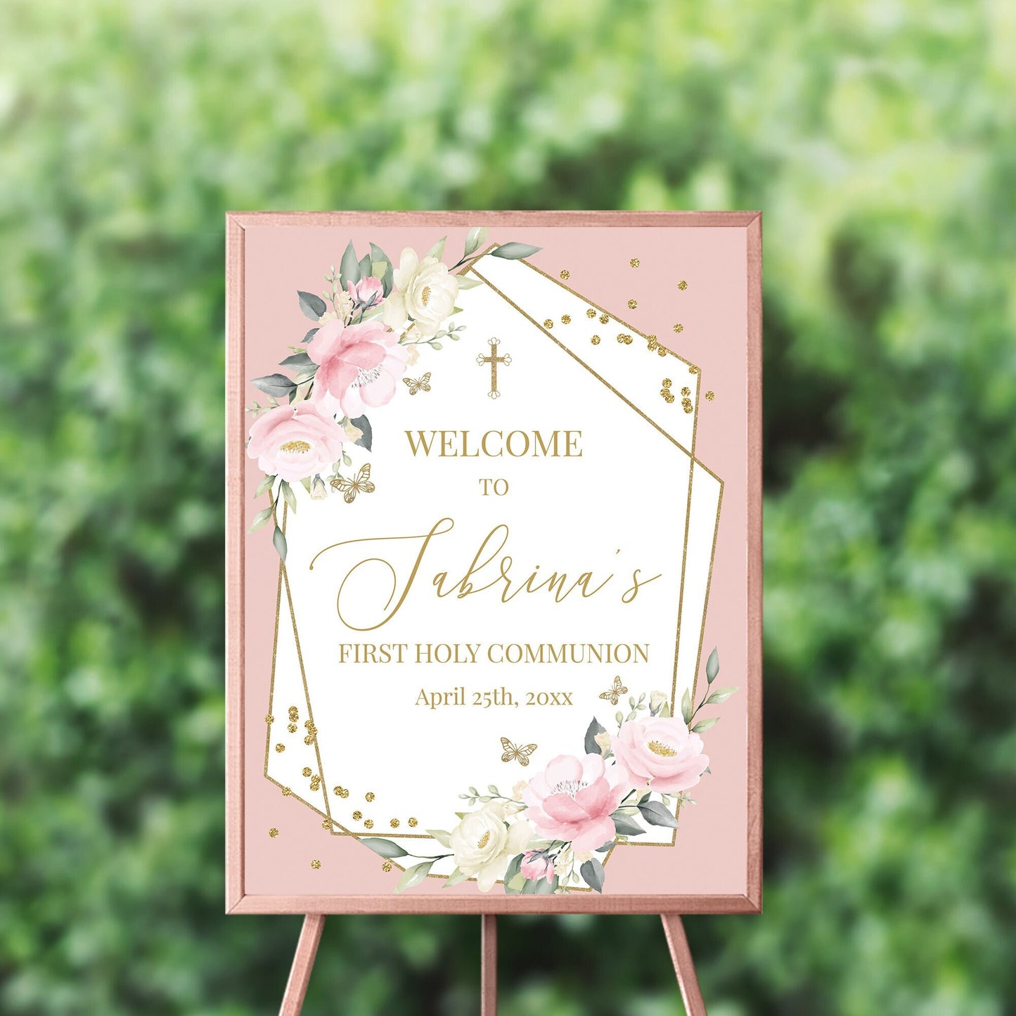 Personalized First Communion Welcome Sign | Pink Floral Butterfly Design