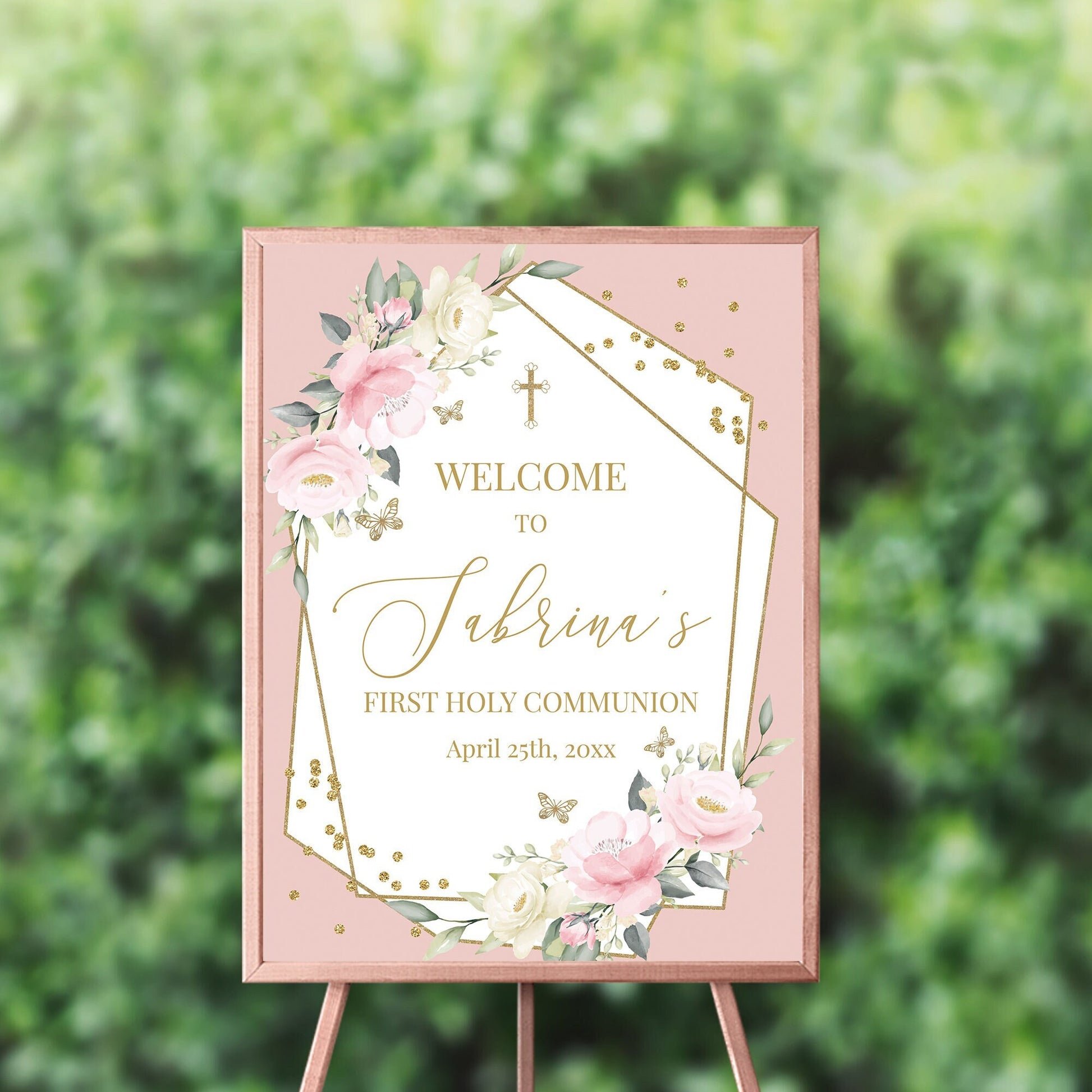 Personalized First Communion Welcome Sign | Pink Floral Butterfly Design