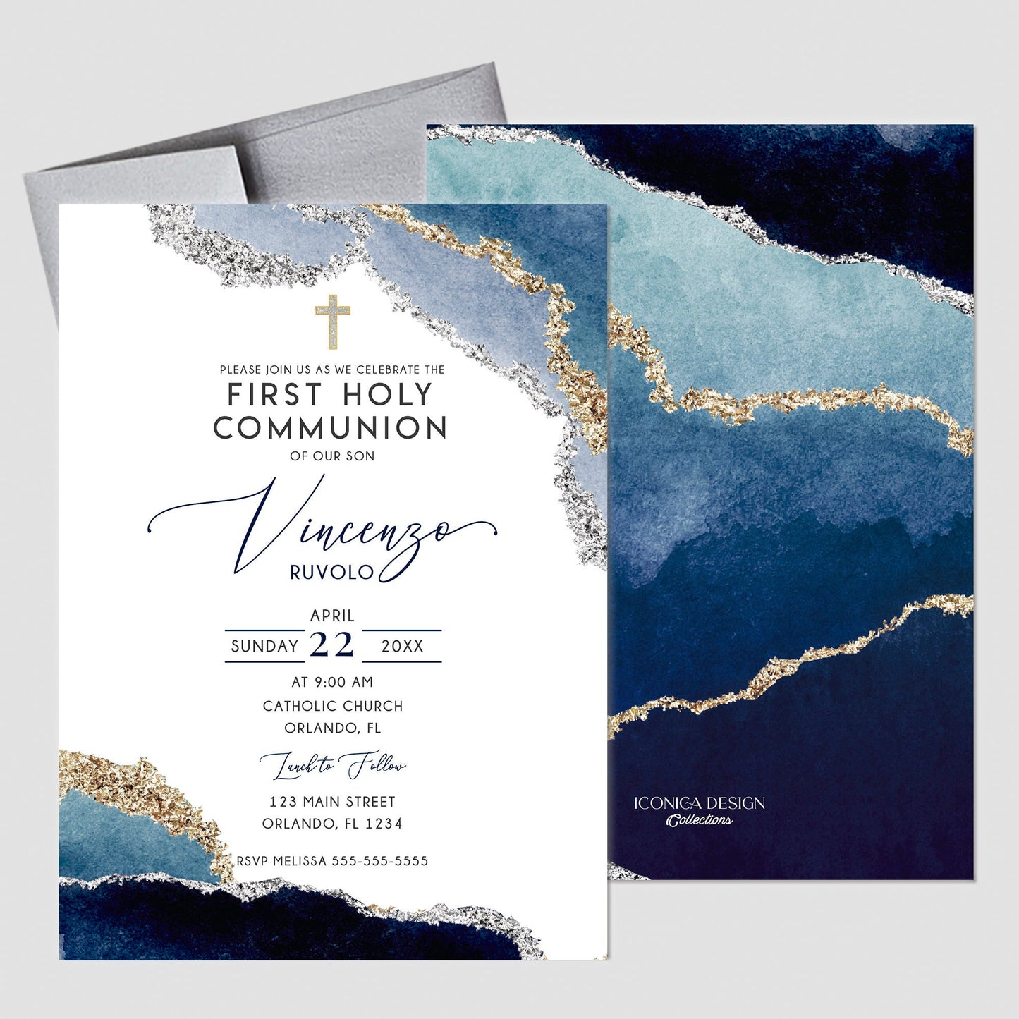 Blue Geode First Communion Invitation, Elegant Religious Event