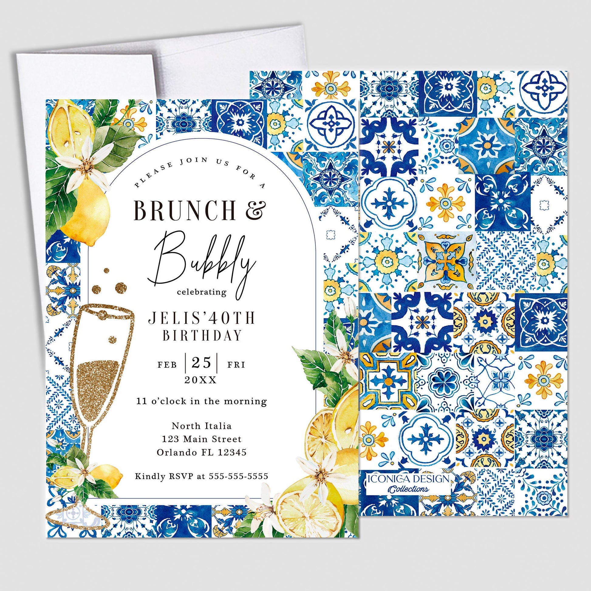 Tuscan Lemon Bridal Shower Invitation, Blue Tile, Citrus Theme