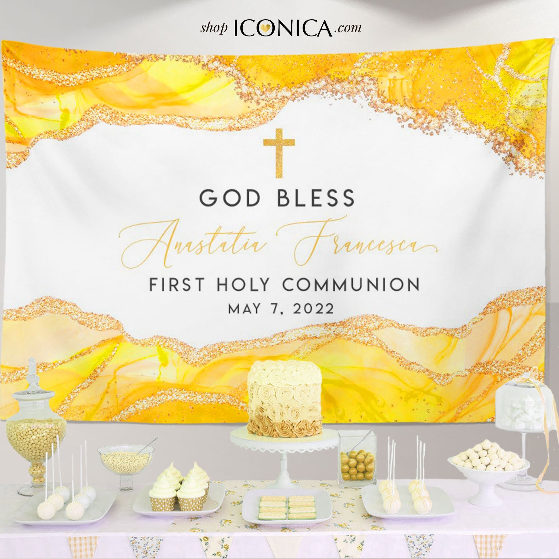 First Communion Backdrop, Yellow Agate Geode Theme