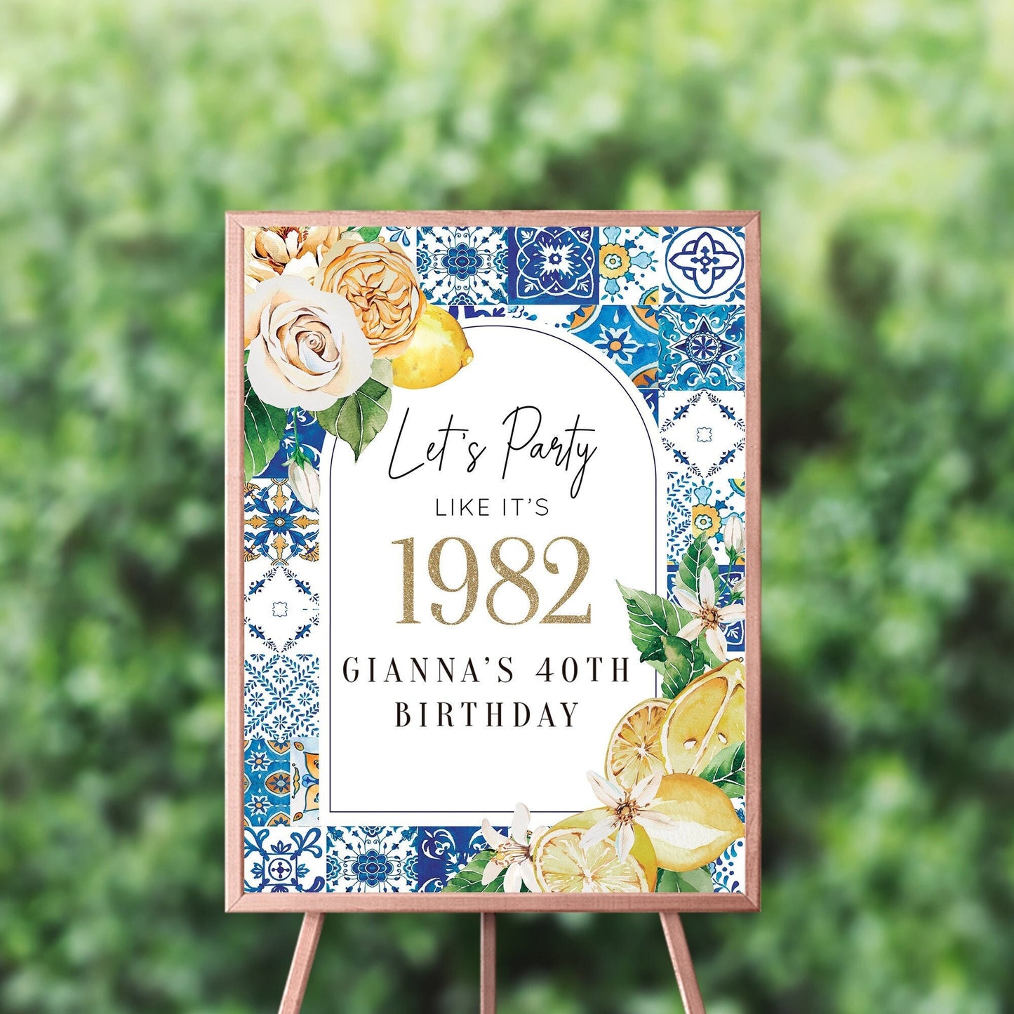 Tuscan Lemon Birthday Welcome Sign, Blue Tile, Citrus Theme