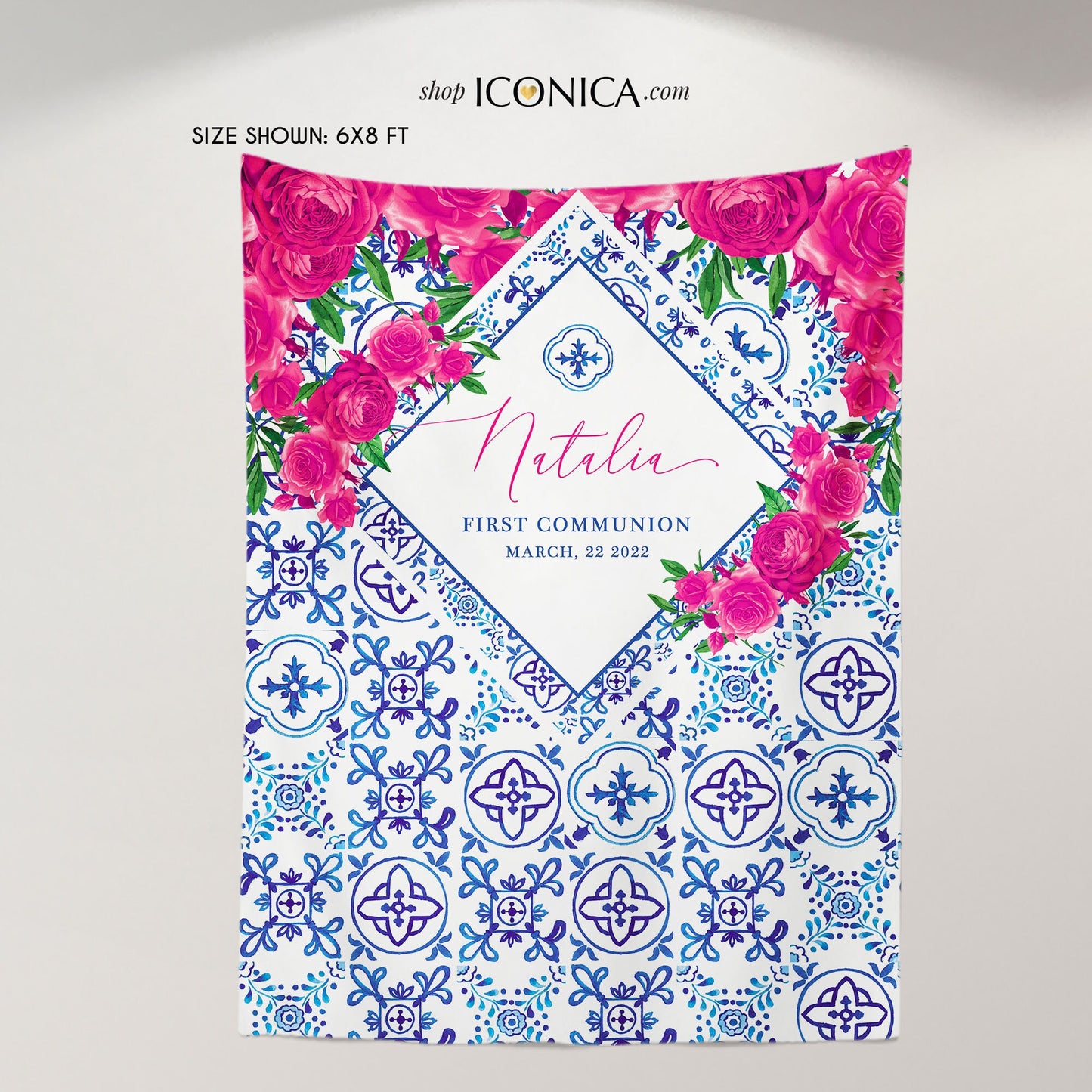 Girl's First Communion Backdrop, Blue Tile, Pink Floral Decor, Personalized Party