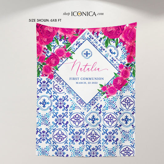 Girl's First Communion Backdrop, Blue Tile, Pink Floral Decor, Personalized Party