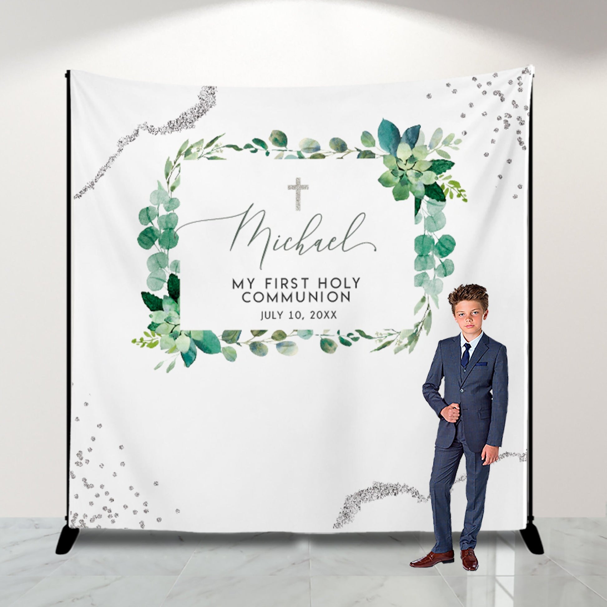 Personalized Baptism Backdrop, Sage Greenery, Christening Decor