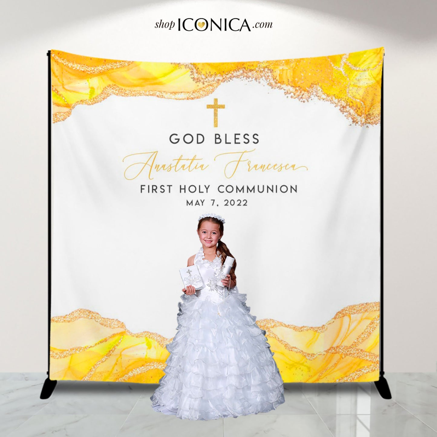 First Communion Backdrop, Yellow Agate Geode Theme