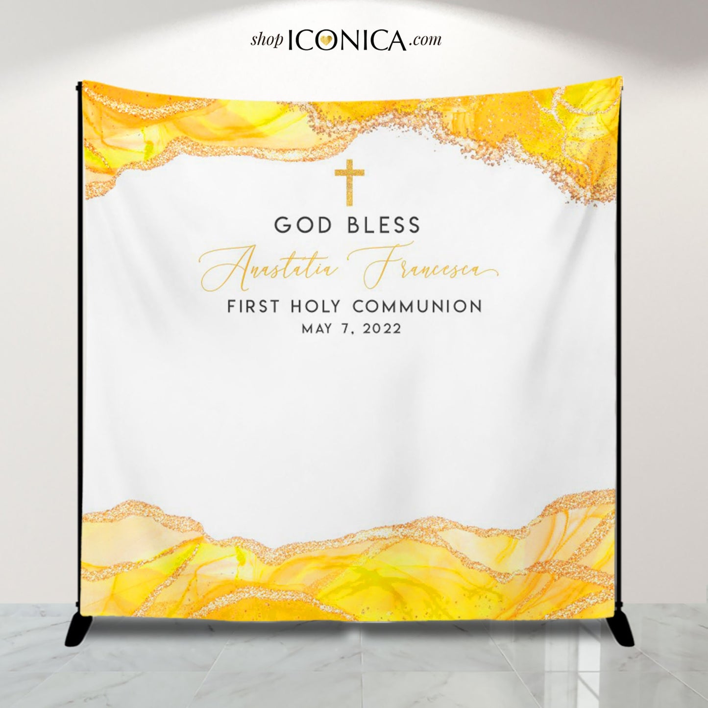 First Communion Backdrop, Yellow Agate Geode Theme