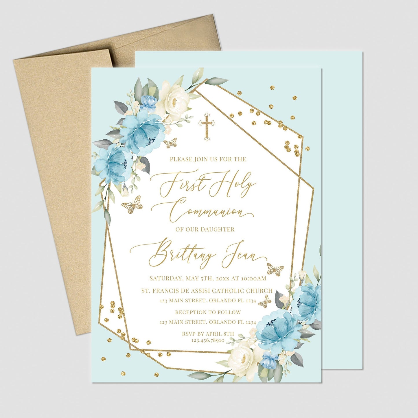 Blue Floral First Communion Invitation, Geometric Girl's Baptism