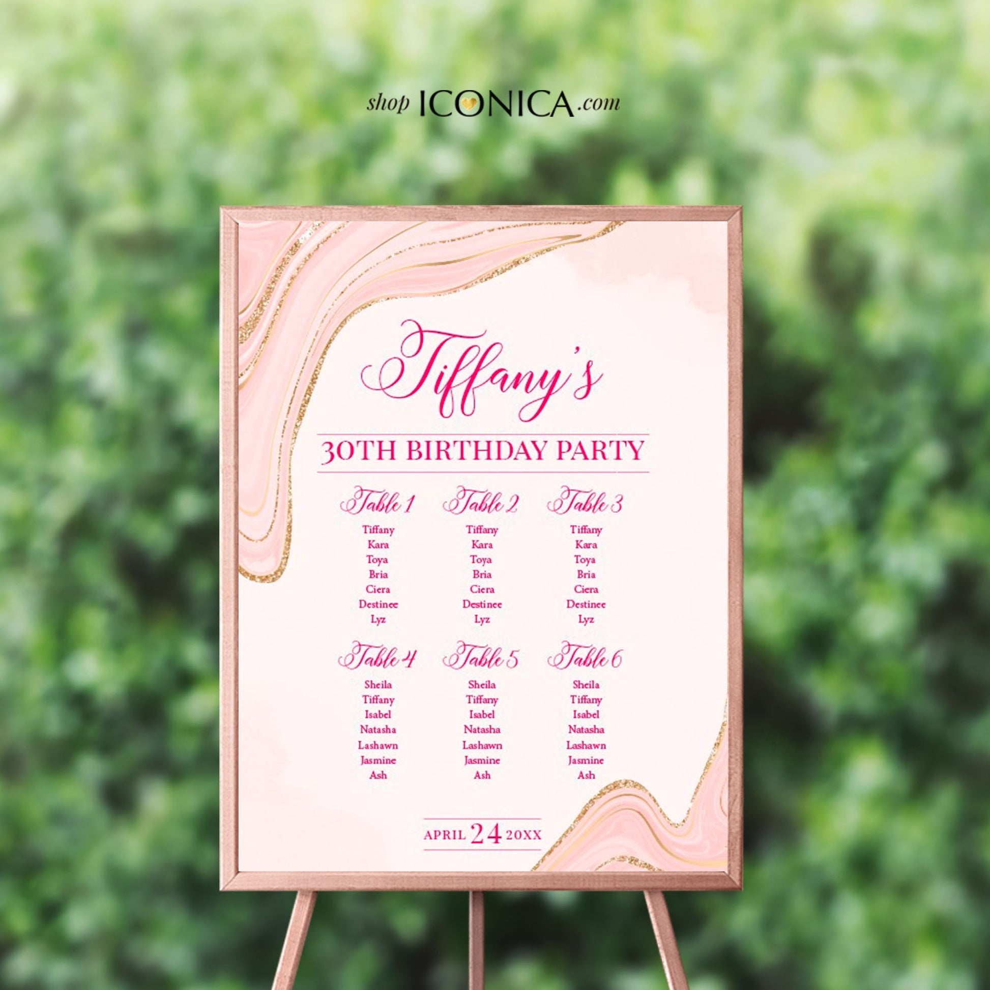 Pink and Gold Marbled 30th Birthday Seating Chart (Printed or Template)