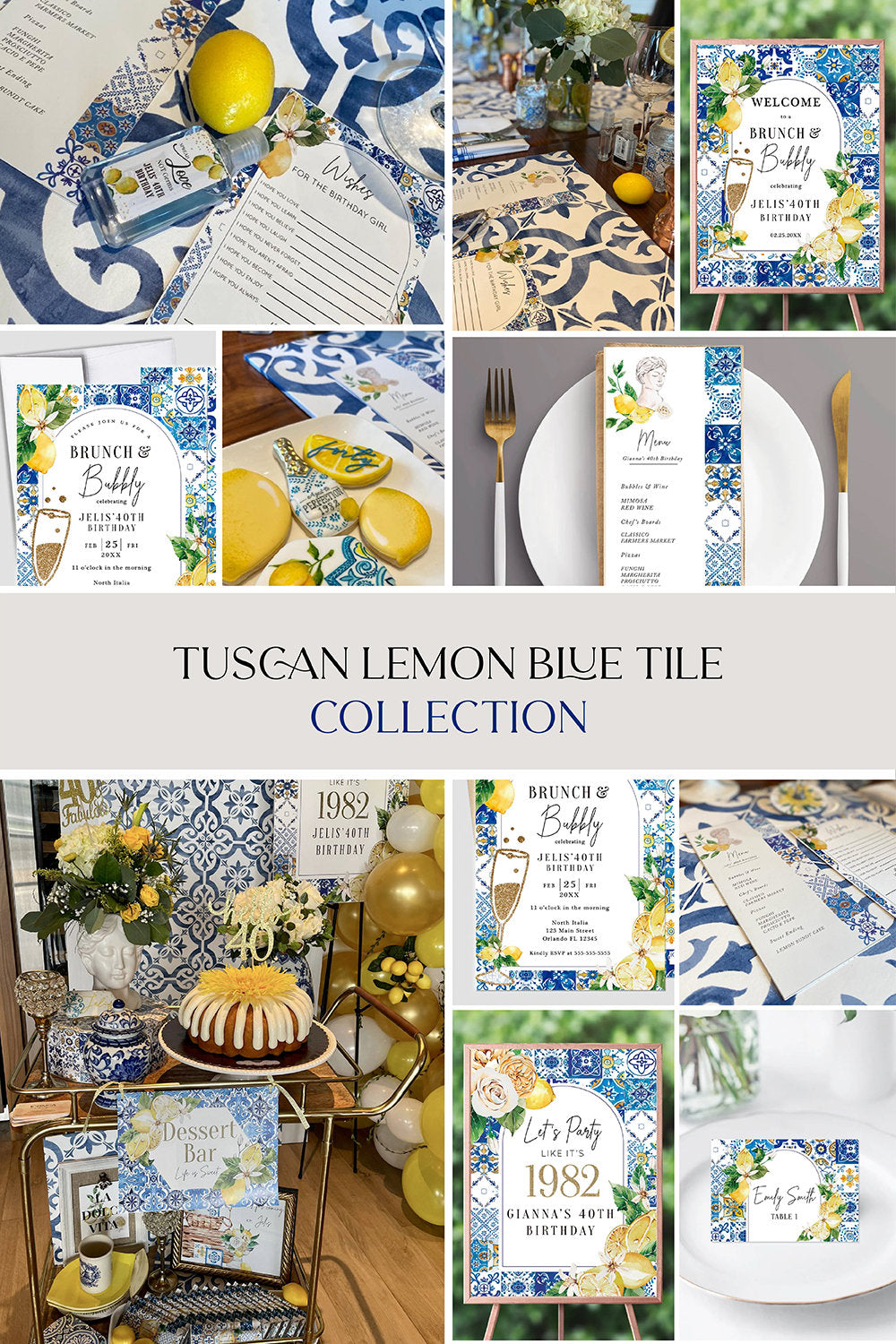 Blue Tile Lemon First Communion Invitation, Elegant Religious Card
