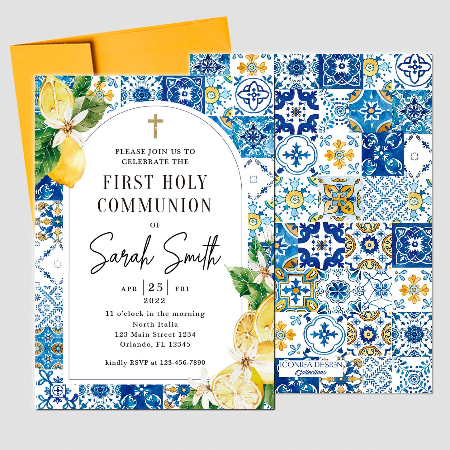 Blue Tile Lemon First Communion Invitation, Elegant Religious Card