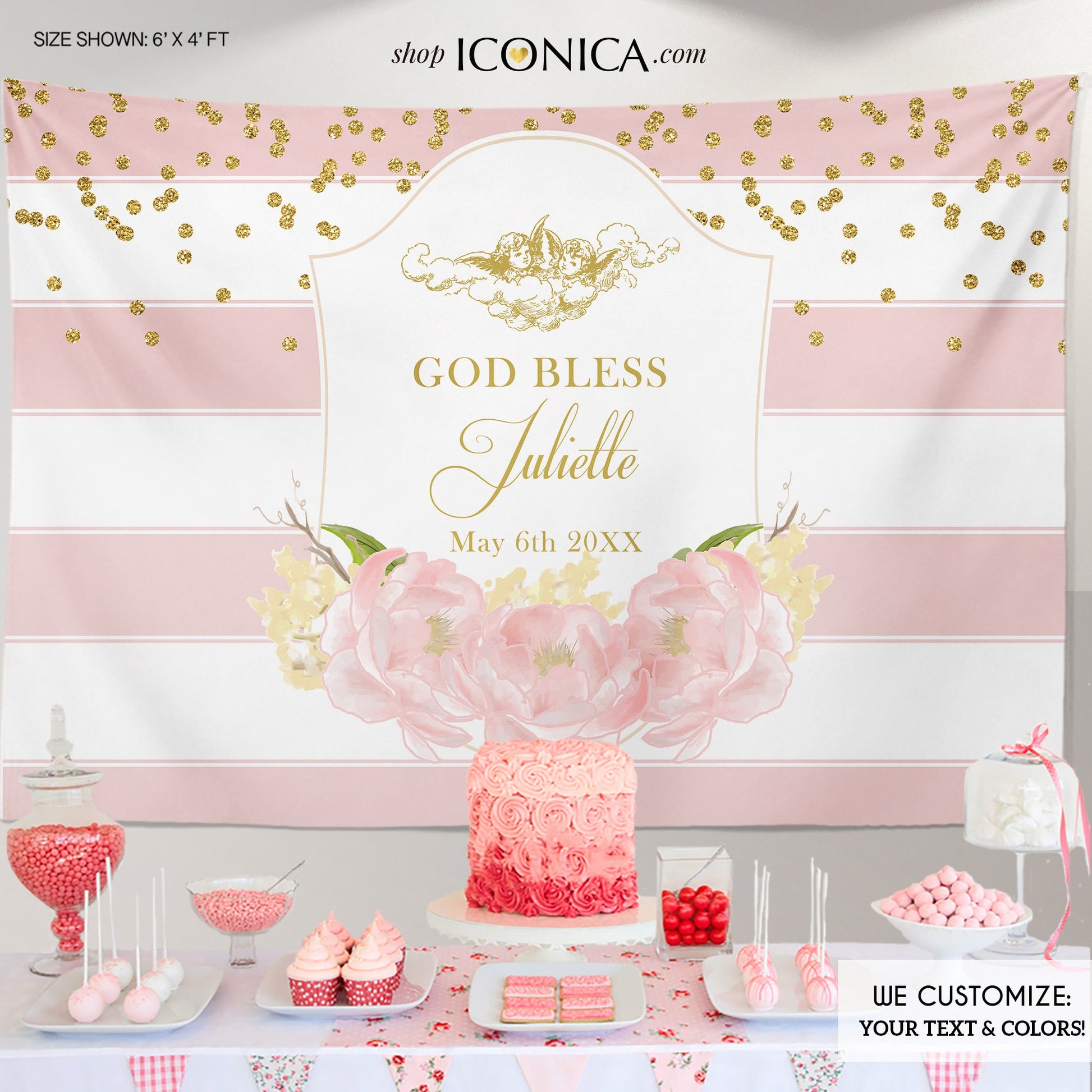 Pink Peonies Baptism Backdrop, First Communion Banner (Printed or Printable)