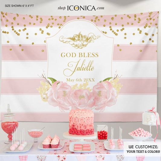 Pink Peonies Baptism Backdrop, First Communion Banner (Printed or Printable)