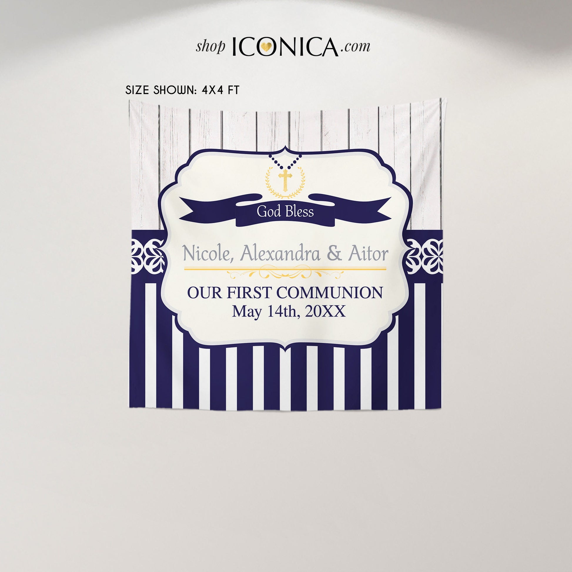 Rustic First Communion Backdrop, Navy Blue Stripes (Printed or Printable File)