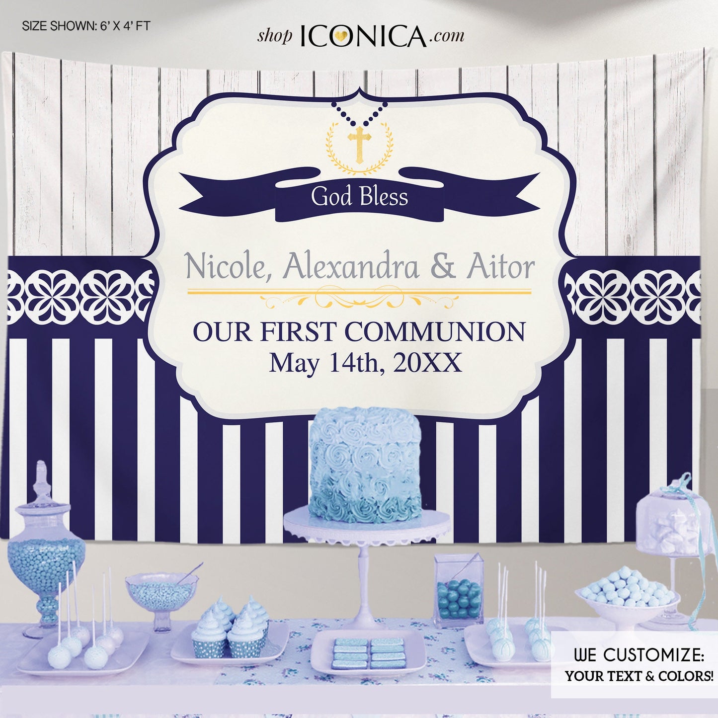Rustic First Communion Backdrop, Navy Blue Stripes (Printed or Printable File)