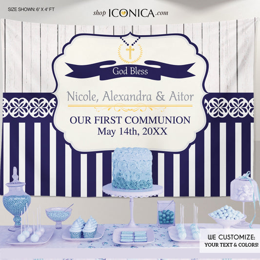 Rustic First Communion Backdrop, Navy Blue Stripes (Printed or Printable File)