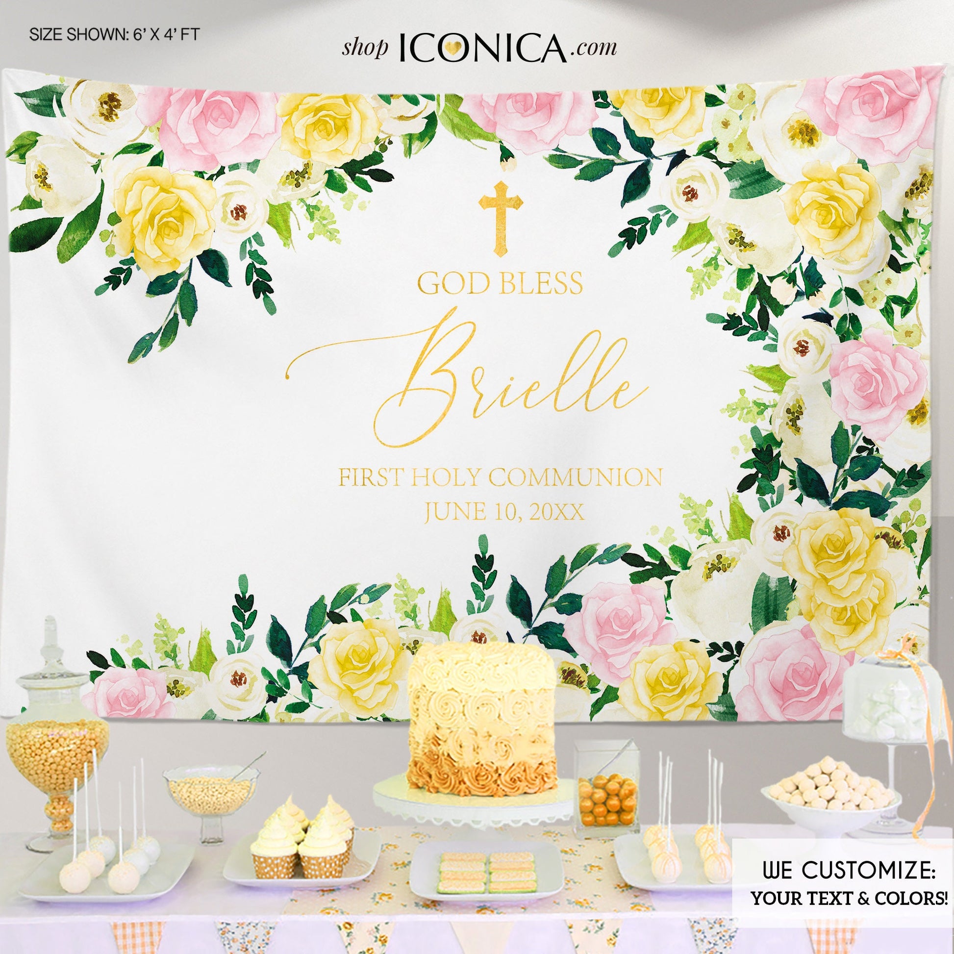 Personalized First Communion Backdrop, Floral Pink Gold Ivory Decor