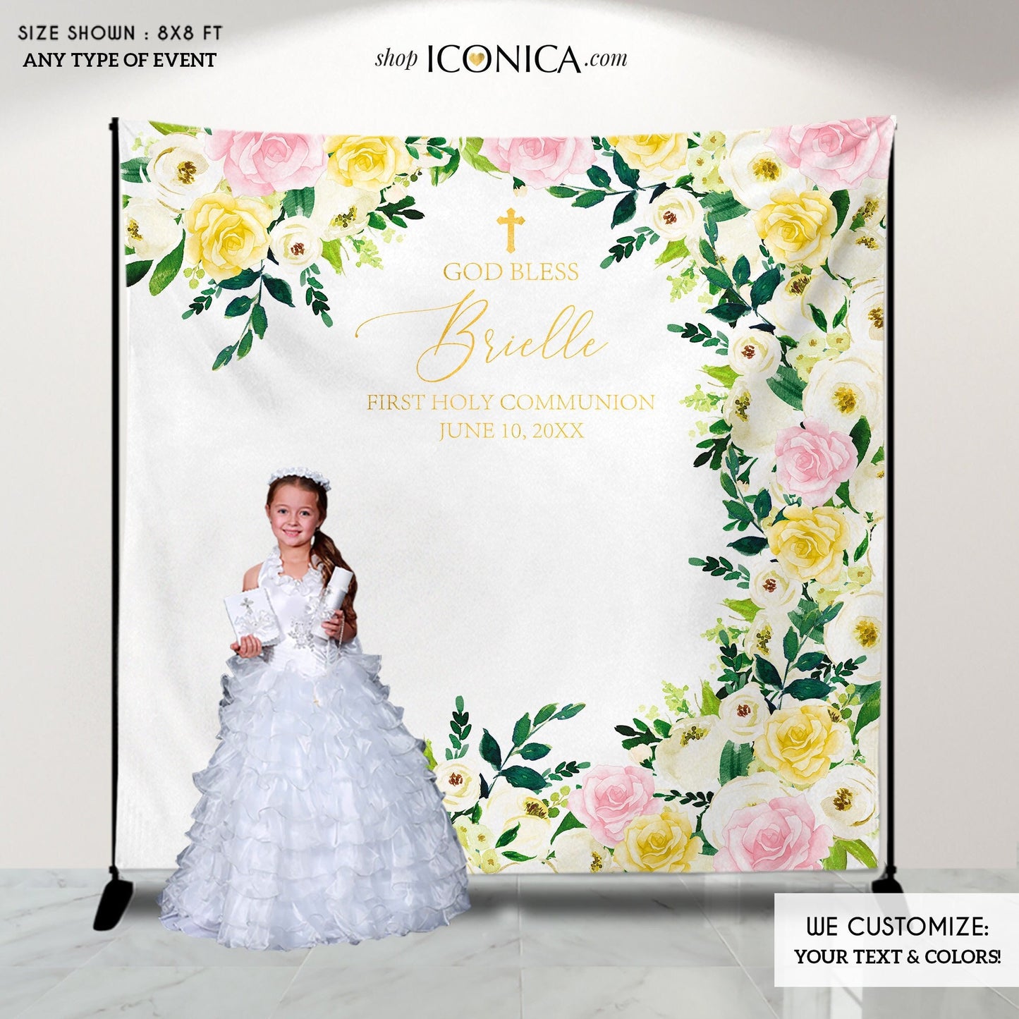 Personalized First Communion Backdrop, Floral Pink Gold Ivory Decor