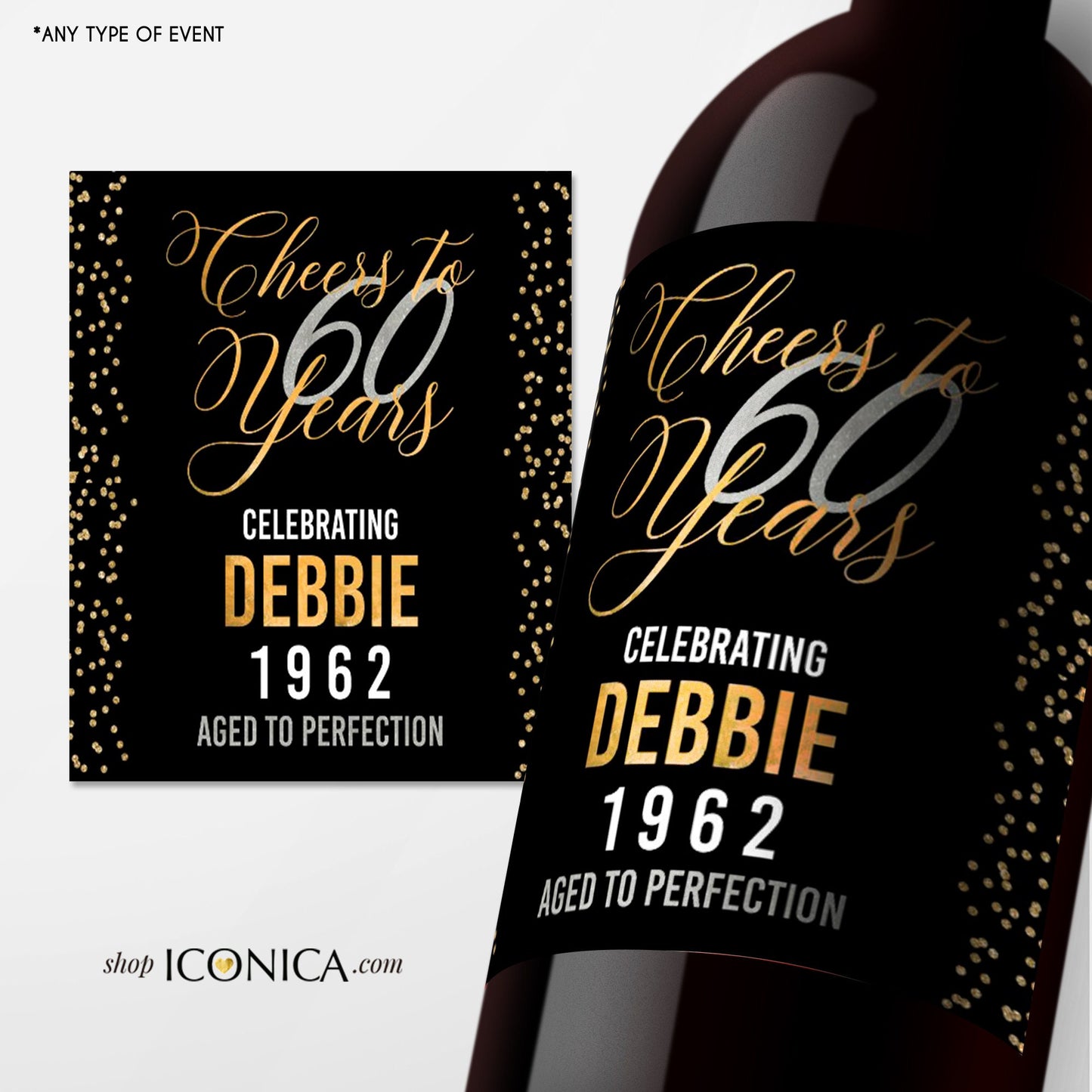 Personalized 60th Birthday Wine Label, Milestone Beverage Labels