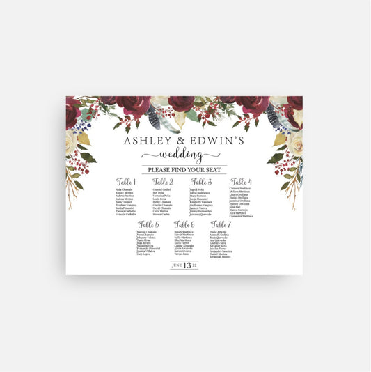 Burgundy Floral Wedding Seating Chart, Boho Chic (Printed or PDF)