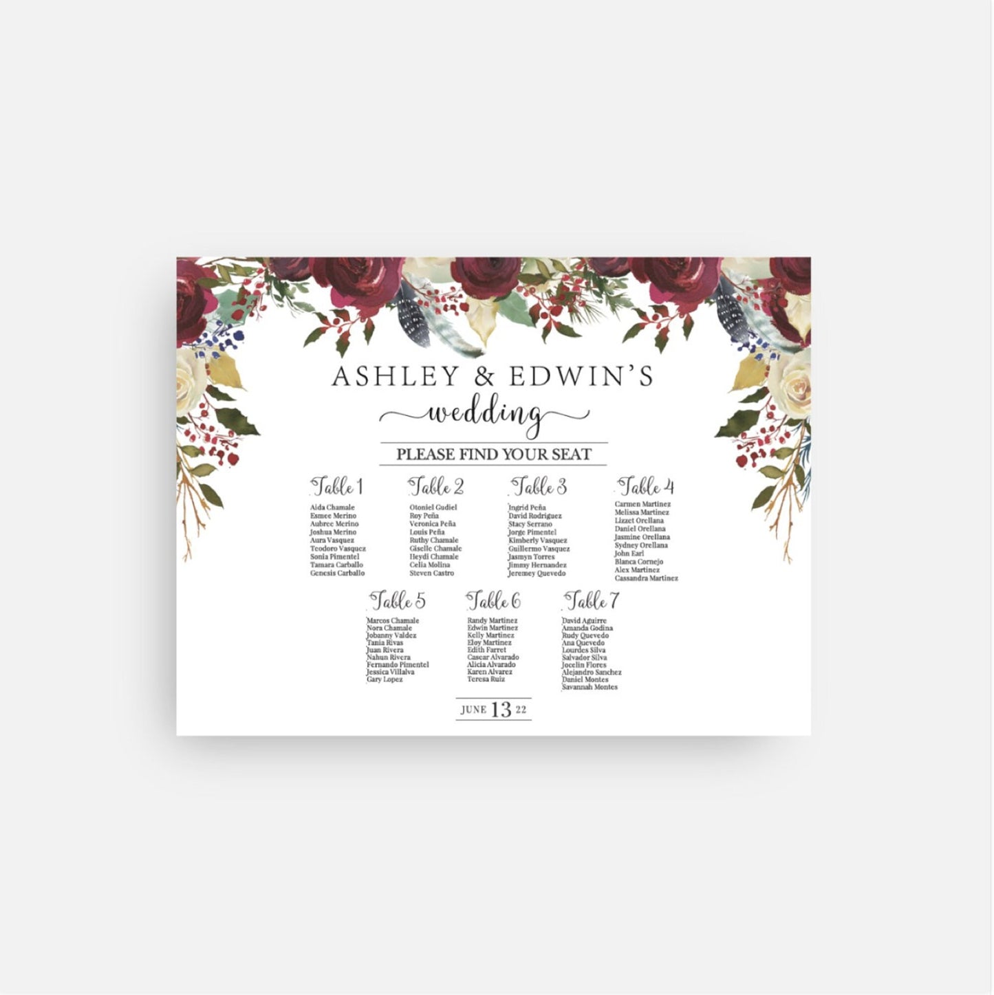 Burgundy Floral Bridal Shower Seating Chart (Printed or PDF)
