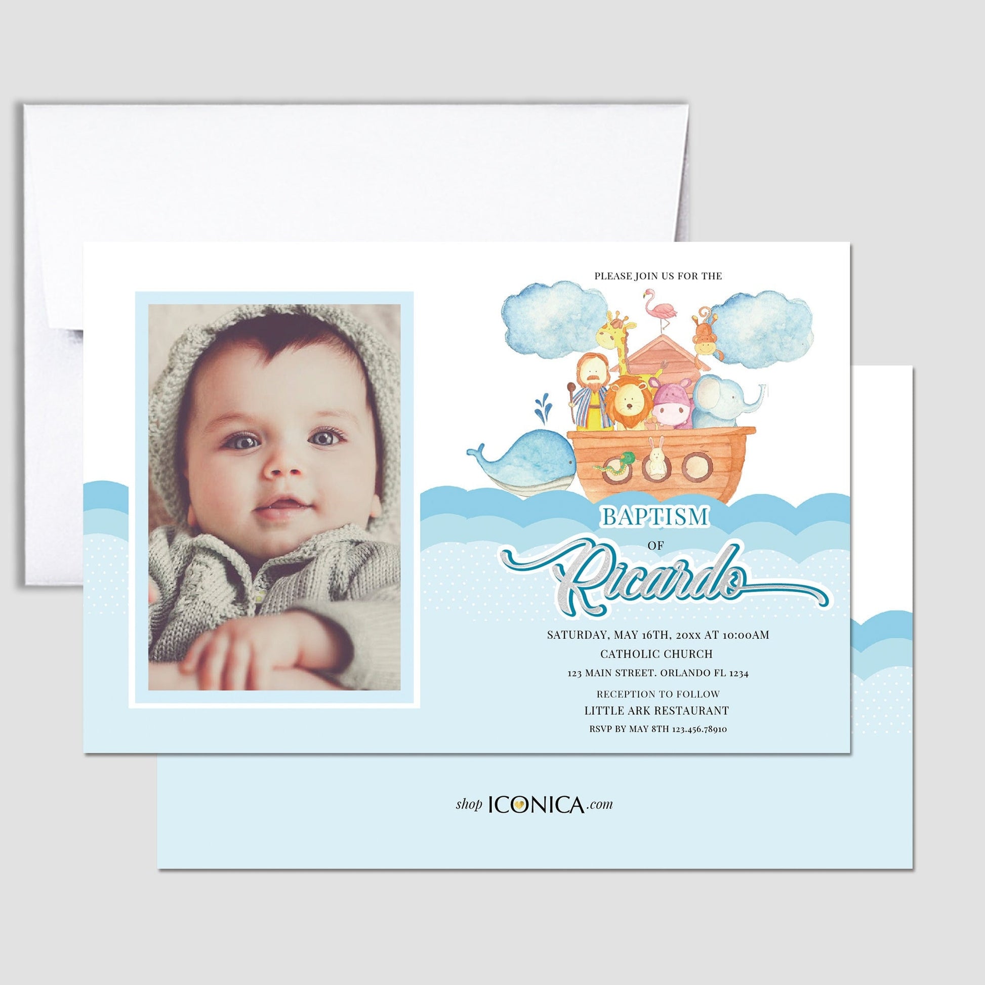 Noah's Ark Baptism Invitation, Photo, Birthday, Baby Shower