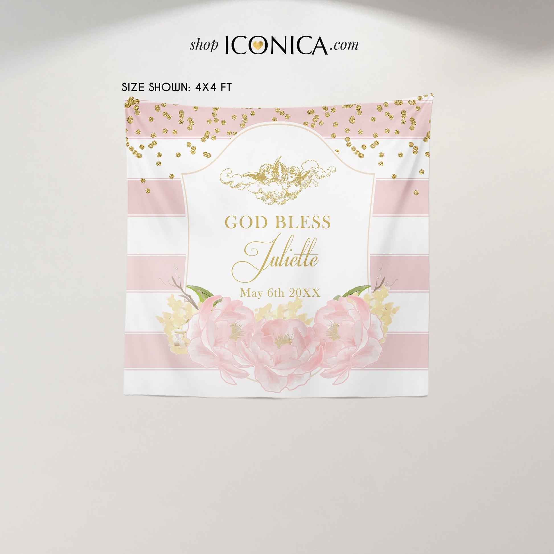 Pink Peonies Baptism Backdrop, First Communion Banner (Printed or Printable)