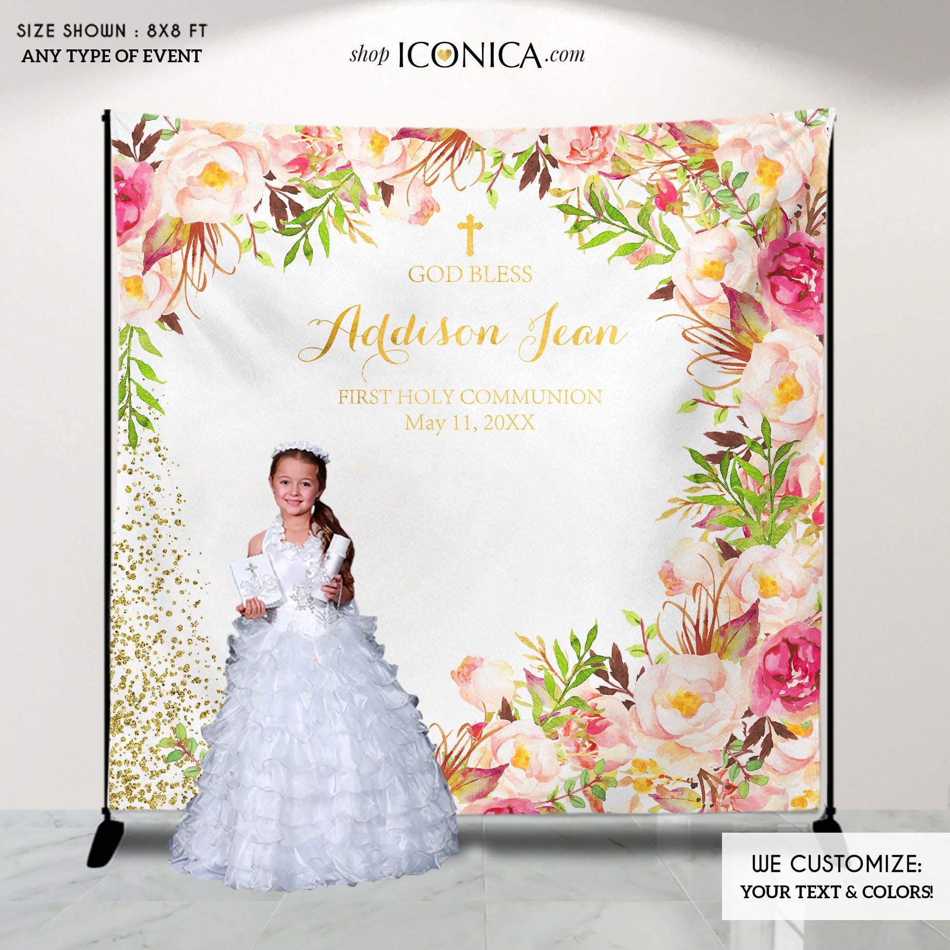 First Communion Photo Booth Backdrop, Floral Banner