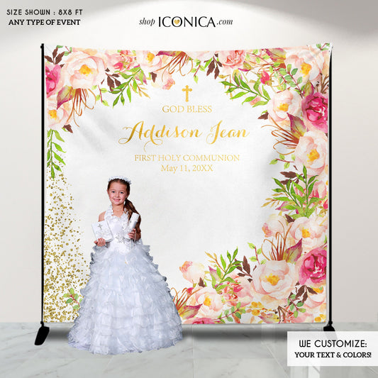 First Communion Photo Booth Backdrop, Floral Banner