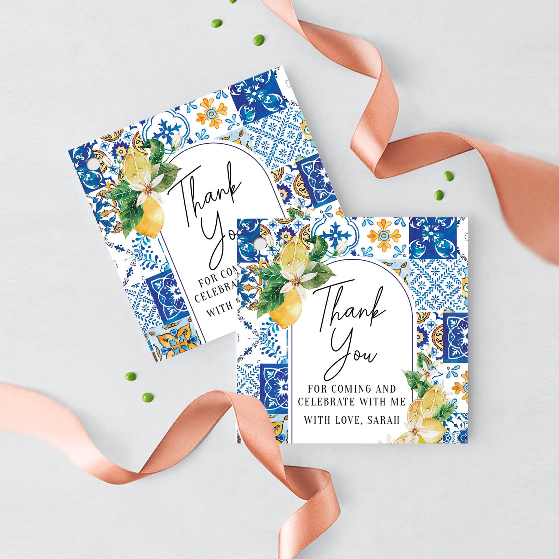 Tuscan Lemon Thank You Tags, Mediterranean Tile Printed Gift Tags
