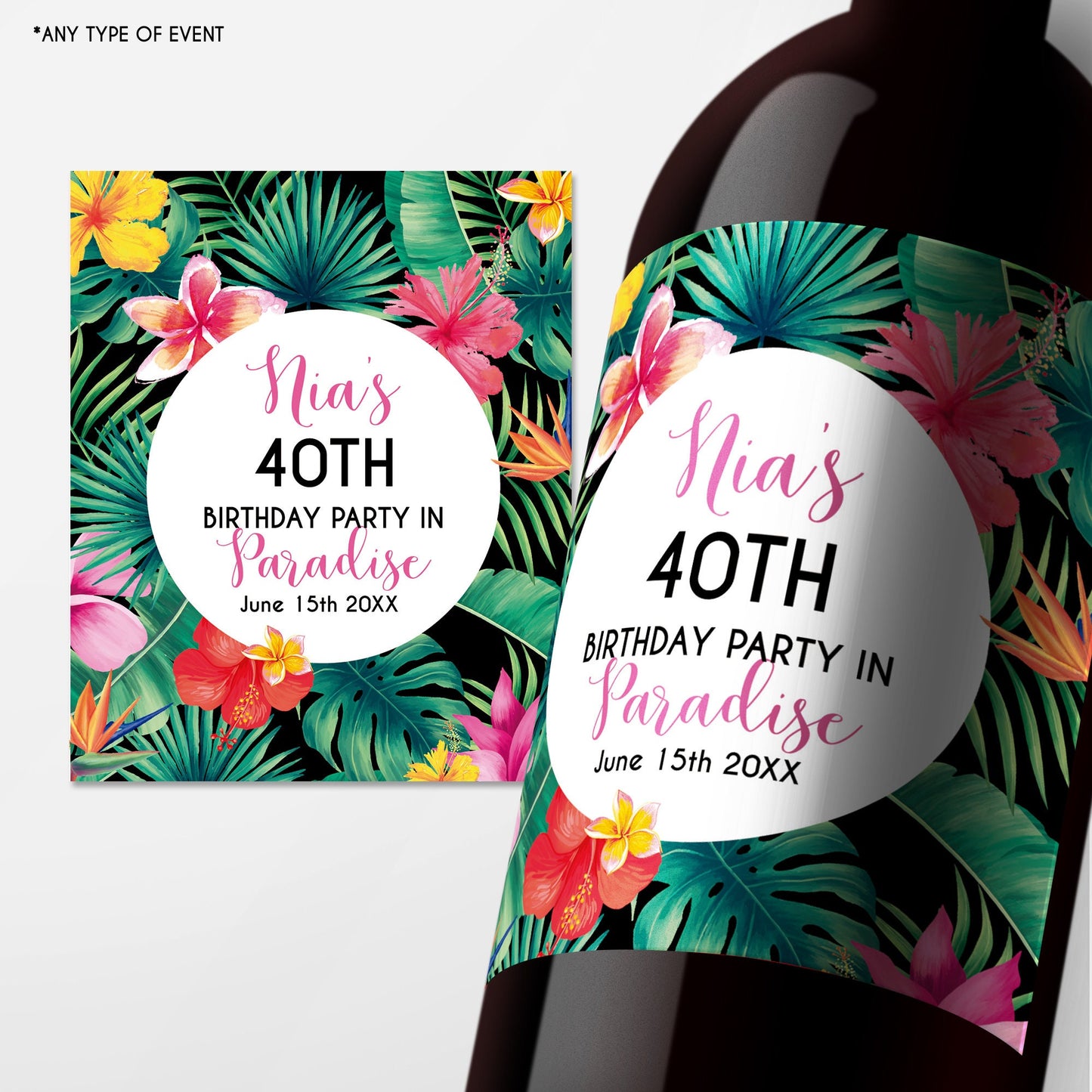 Tropical 40th Birthday Wine Labels, Personalized Palm Party