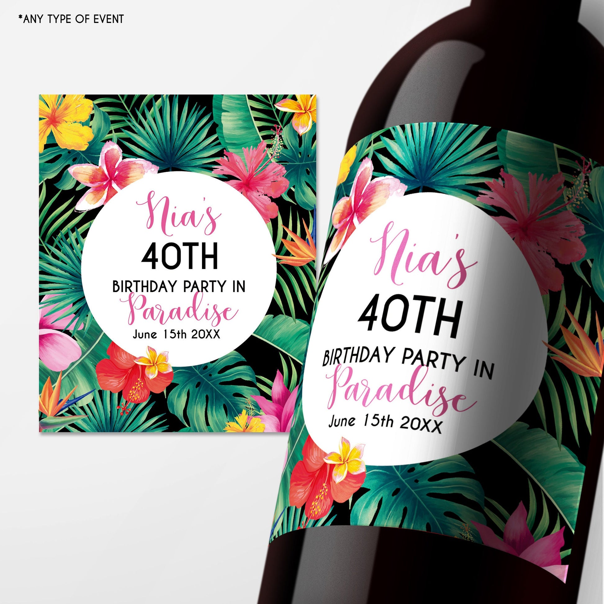 Tropical 40th Birthday Wine Labels, Personalized Palm Party
