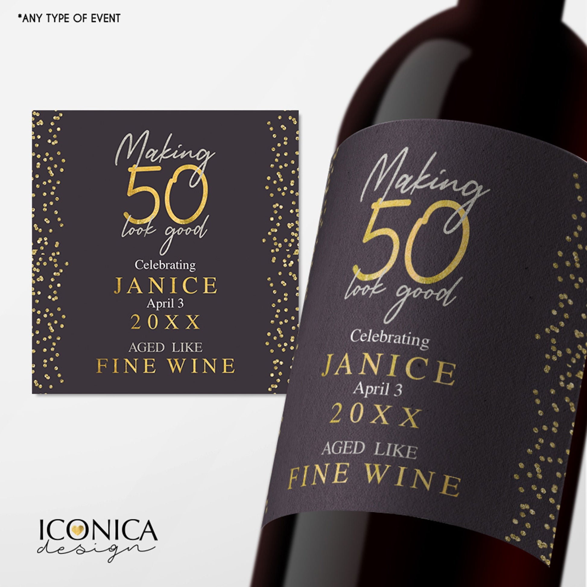 Personalized 50th Birthday Wine Bottle Labels, Aged Like Fine Wine