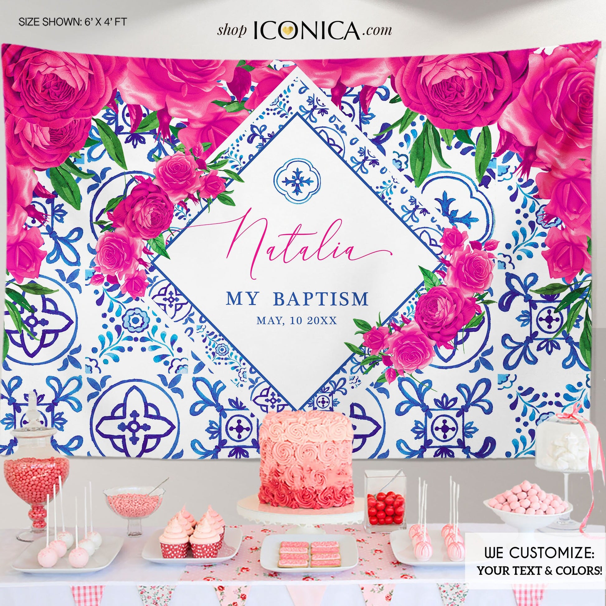Girl's First Communion Backdrop, Blue Tile, Pink Floral Decor, Personalized Party