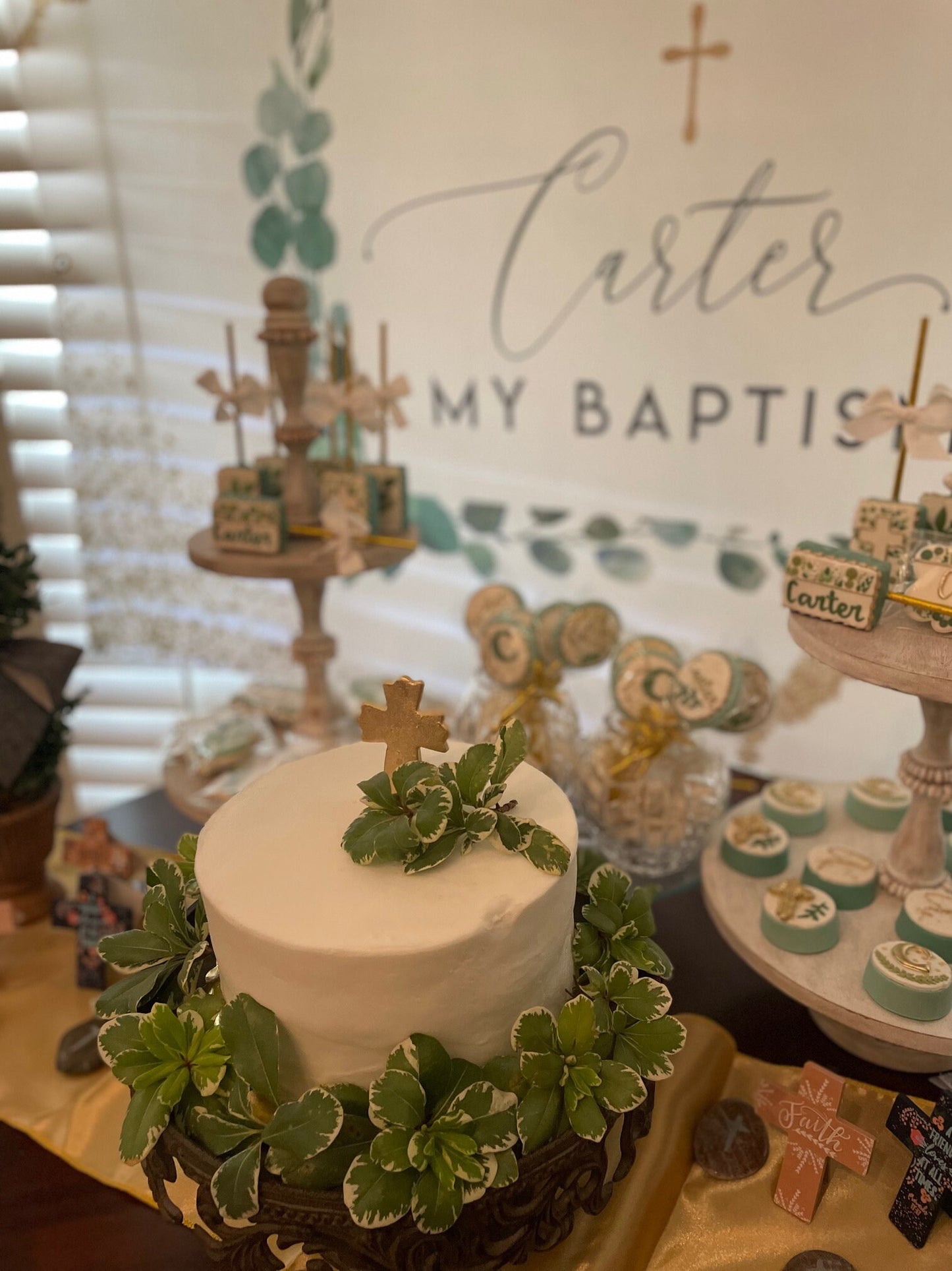 Personalized Baptism Backdrop, Sage Greenery, Christening Decor