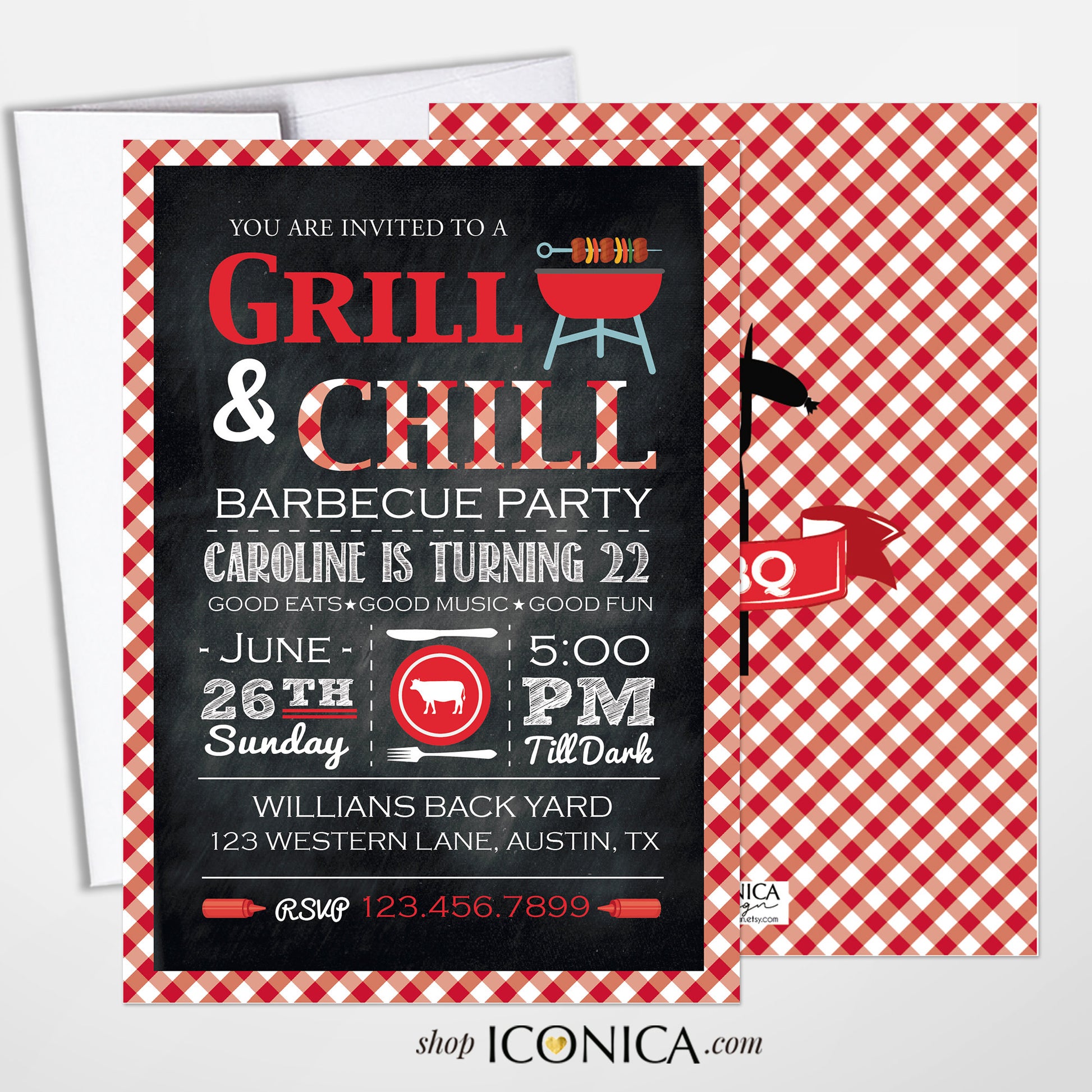 Red Gingham BBQ Birthday Invitation, Cookout Party Invite