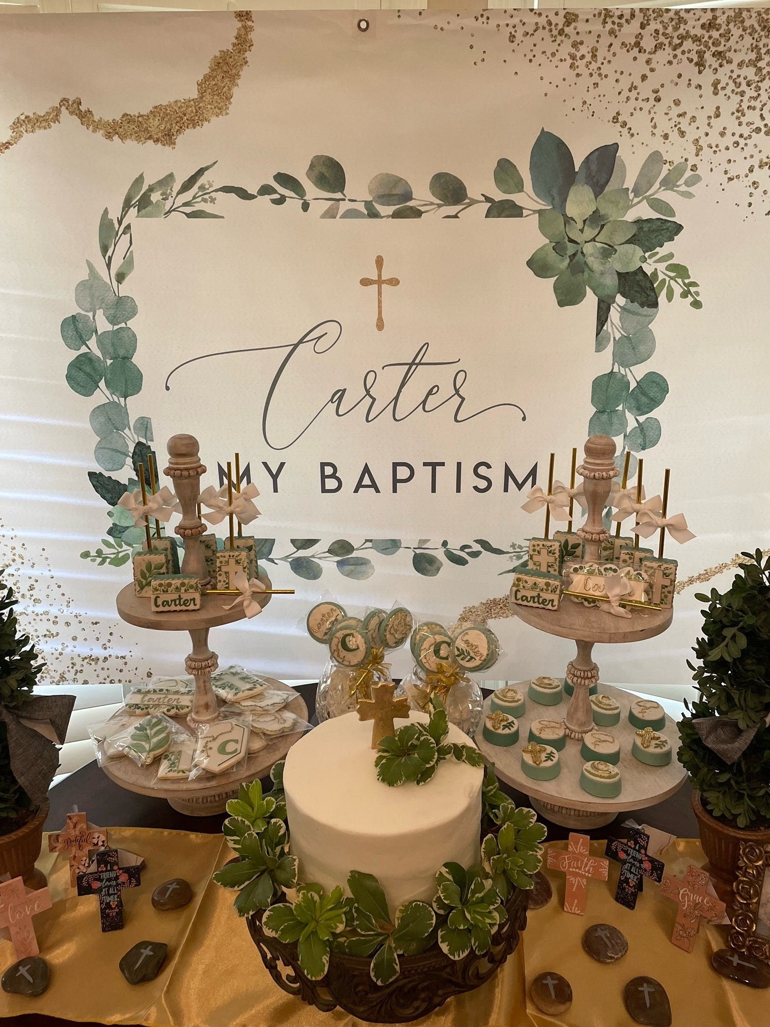 Personalized Baptism Backdrop, Sage Greenery, Christening Decor